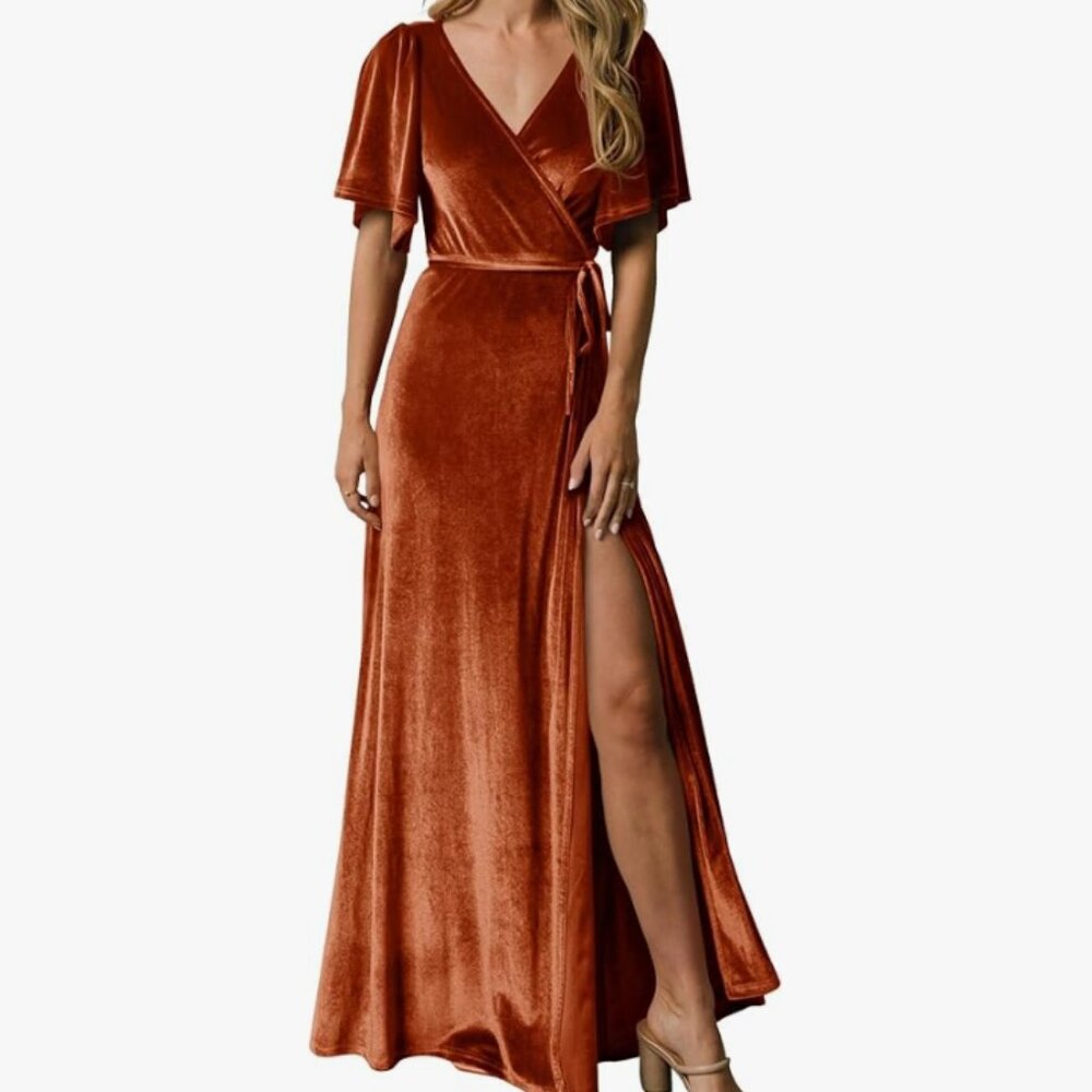 still in package burnt orange velvet wrap dress